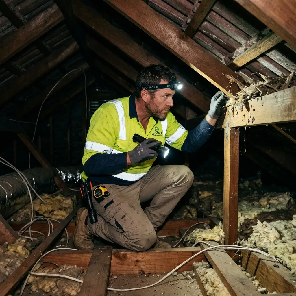 Technician inspecting a roof cavity for a dead animal in Caroline Springs
